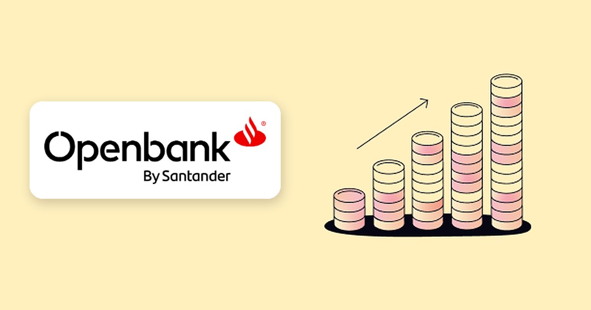 Openbank Logo neben aufsteigenden Münztürmen