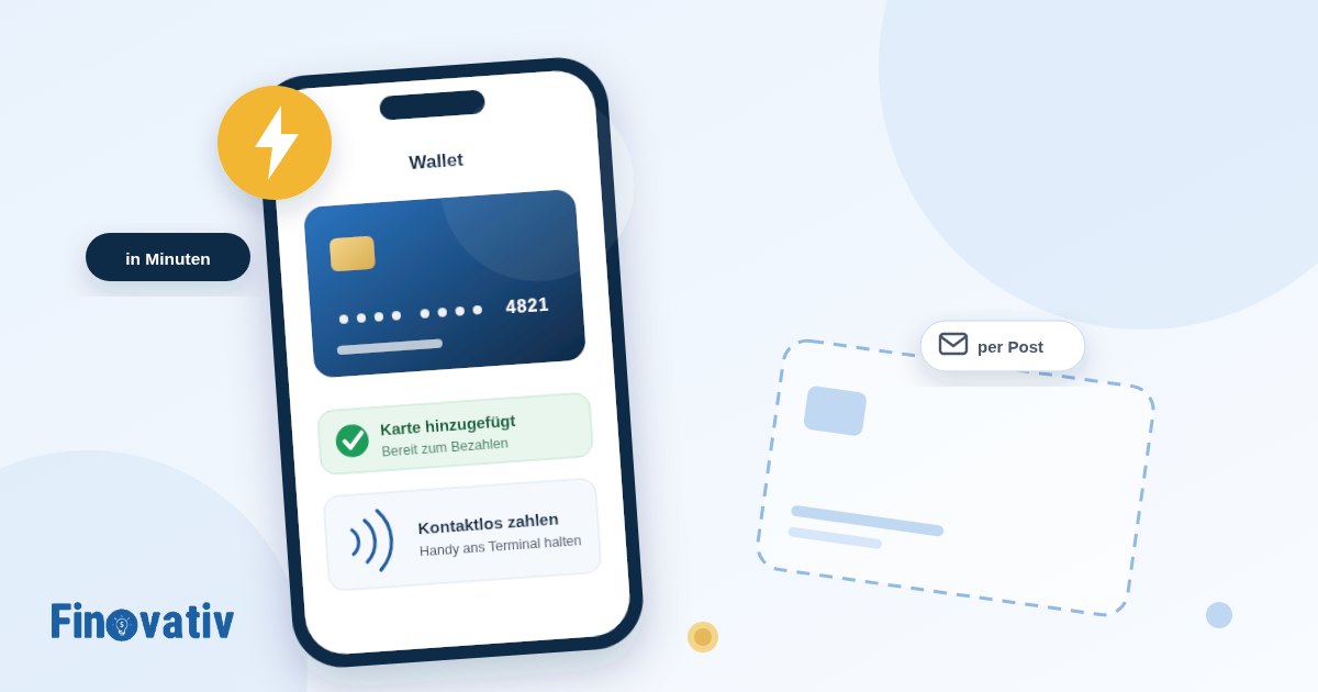 Smartphone mit digitaler Kreditkarte in der Wallet und gestrichelter Plastikkarte, die per Post kommt