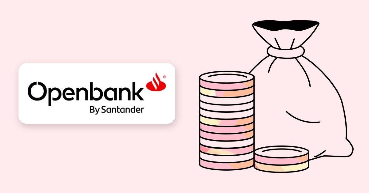 Openbank Logo neben einem Geldsack und Münzstapeln